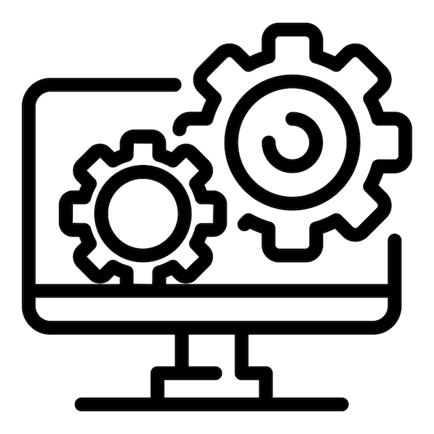 Engrenages sur l'icône du moniteur Décrire les engrenages sur l'icône vectorielle du moniteur pour la conception Web isolée sur fond blanc