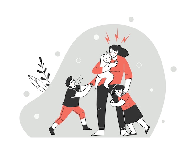 L'ennui de la famille. Irritation et fatigue infantile de la mère. Illustration vectorielle de dessin animé.