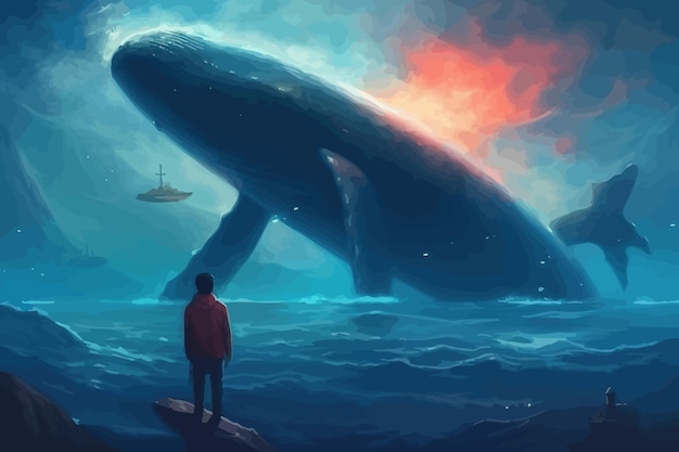 Vecteur Énorme baleine dessin animé bleu un homme regarde une baleine une baleine volante illustration vectorielle