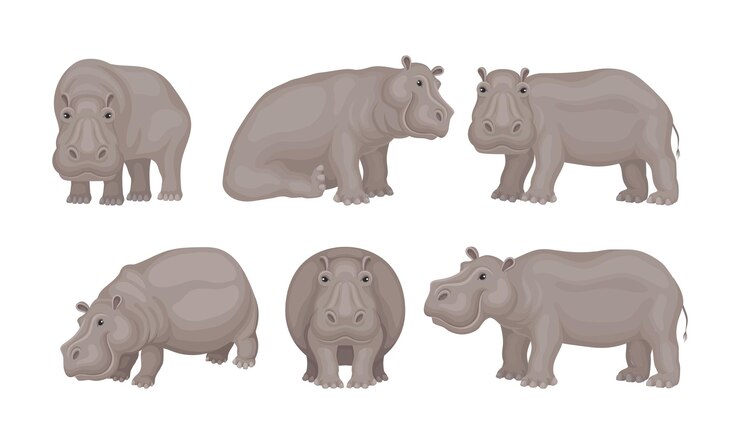 Vecteur un énorme hippopotame africain assis et debout vector set mammifère africain en vue détaillée de différents côtés