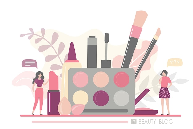Un énorme kit de maquillage Les femmes parlent de cosmétiques et de maquillages Les petits gens de la mode La bannière du blog de beauté