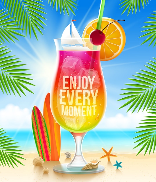 Vecteur Énorme verre avec cocktail exotique et salutation d'été sur la plage tropicale - illustration