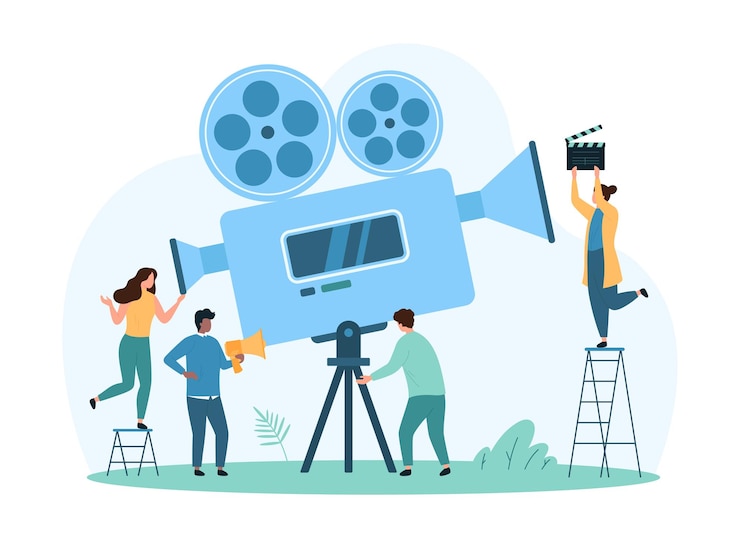 Vecteur enregistrement vidéo vidéographie et production multimédia par de petites personnes avec une caméra