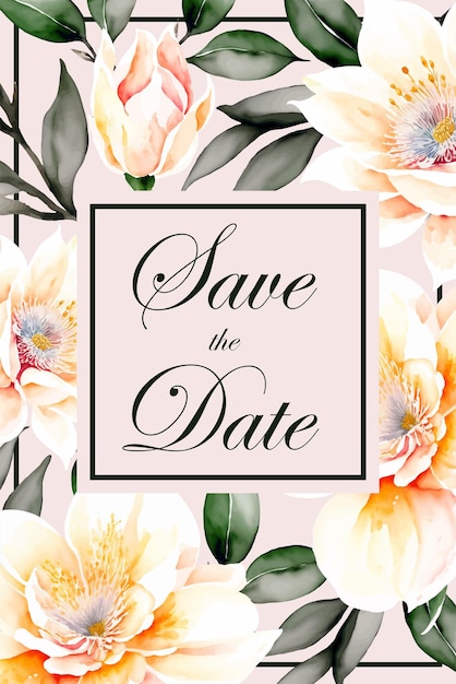 Vecteur enregistrez la carte de date avec des fleurs et des feuilles à l'aquarelle pour le mariage, les vacances de printemps ou l'anniversaire.