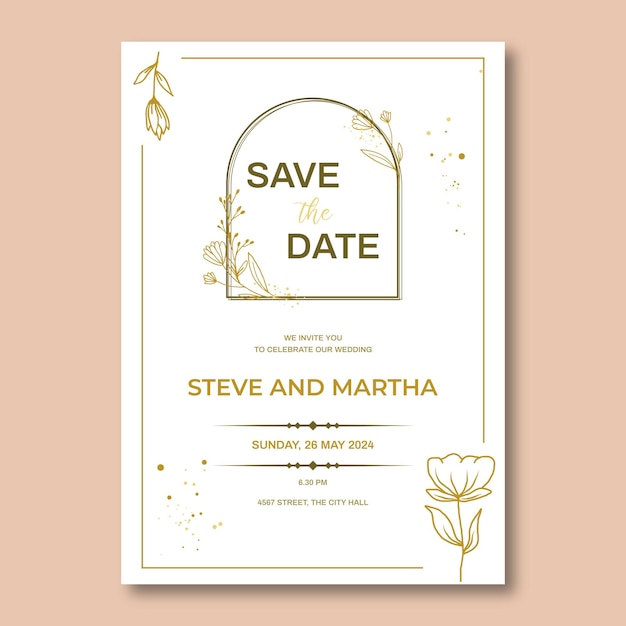 Enregistrez la carte de date ou l'invitation de mariage avec des feuilles d'or et un cadre doré