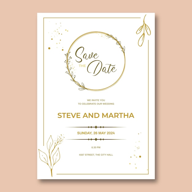 Enregistrez la carte de date ou l'invitation de mariage avec des feuilles d'or et un cadre doré