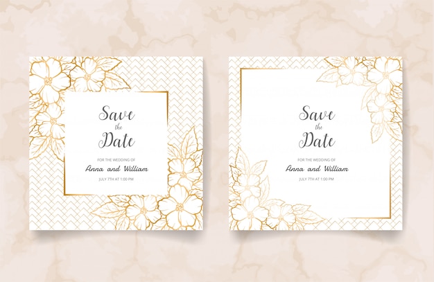 Enregistrez La Carte D'invitation De Mariage De Date Avec Des Fleurs, Des Feuilles Et Des Branches Dorées