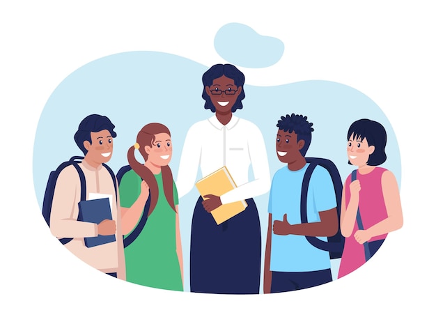 Enseignant avec des étudiants illustration vectorielle 2D isolée. Personnages plats d'écoliers heureux sur fond de dessin animé. Enfants après le cours. Tuteur avec sa scène colorée d'étudiants
