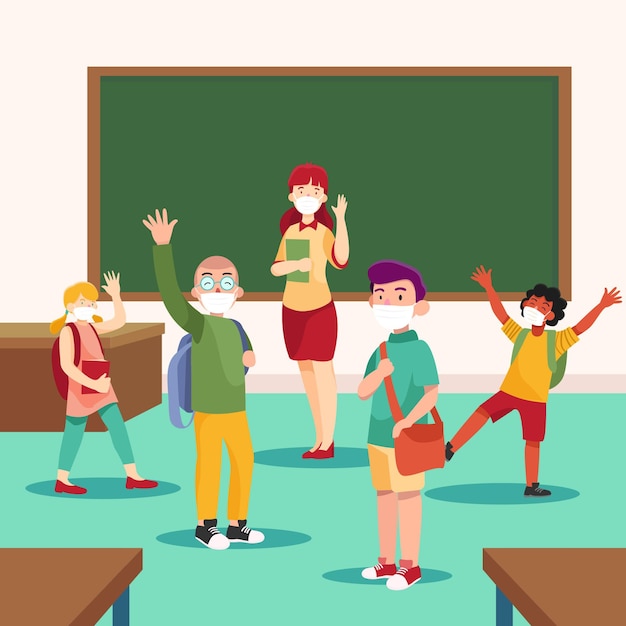 Enseignant et étudiants portant un masque facial en classe