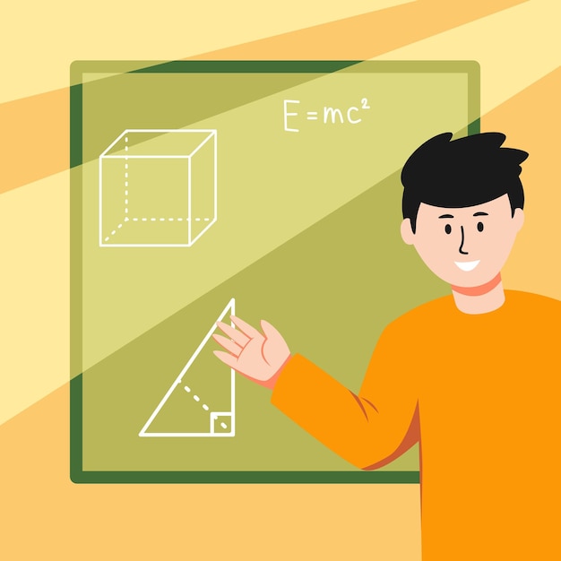 Un enseignant explique des concepts de physique et de mathématiques sur un tableau
