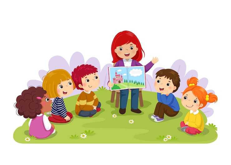 Vecteur enseignant racontant une histoire aux enfants de la crèche dans le jardin