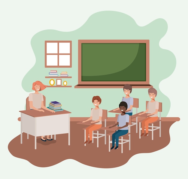 Enseignante En Classe Avec Des étudiants Vector Illustration Design