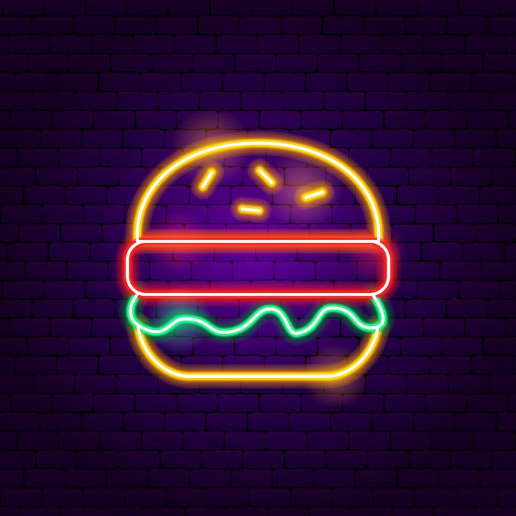 Vecteur enseigne au néon de burger. illustration vectorielle de la promotion des aliments de café.