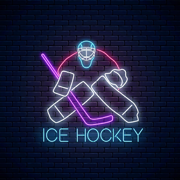 Enseigne au néon de championnat de hockey avec bâtons de hockey et rondelle.