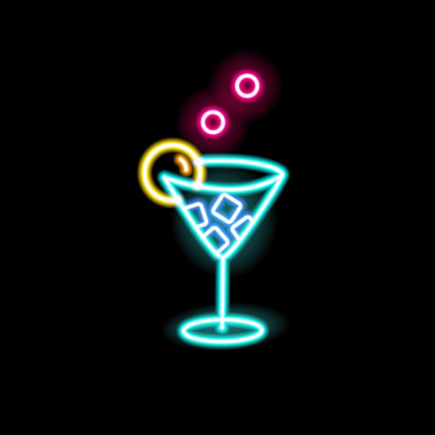 Enseigne au néon de cocktail en verre brillant sur fond noir. Panneau lumineux fluorescent avec boisson de fête. Symbole lumineux de boisson. Signalisation brillante pour bar ou club. Illustration vectorielle de contour.