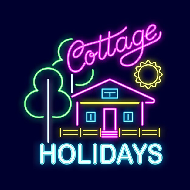 Vecteur enseigne au néon d'été avec éclairage lumineux enseigne de vacances d'été enseigne au néon lumineux logo emblème bannière lumineuse cottage vacances vacances de maison sur la zone de pays avec des plantes arbre illustration vectorielle