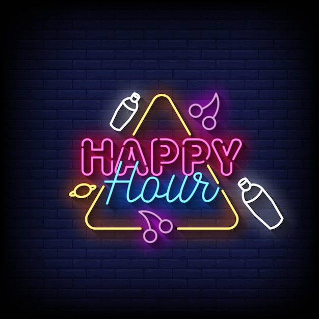 Enseigne Au Néon Happy Hour Avec Mur De Briques Background Vector Illustration