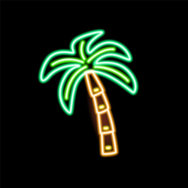 Enseigne Au Néon De Palmier Sur Fond Noir. Symbole D'arbre Tropical Fluorescent. élément Lumineux Décoratif Lumineux. Illustration Vectorielle De Contour Du Signe électrique.