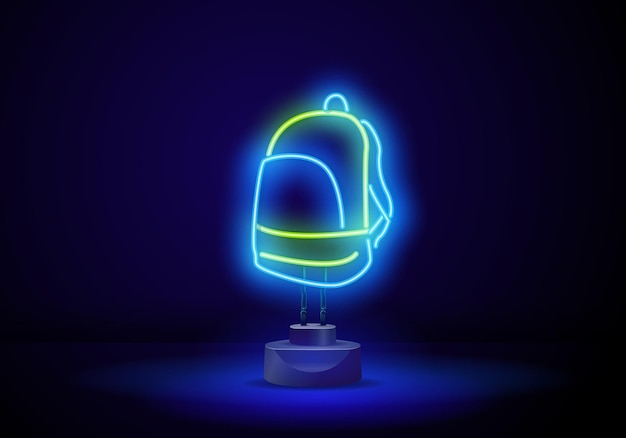 Vecteur enseigne au néon d'un sac à dos pour chaussuresportant un sac avec un badge lumineux