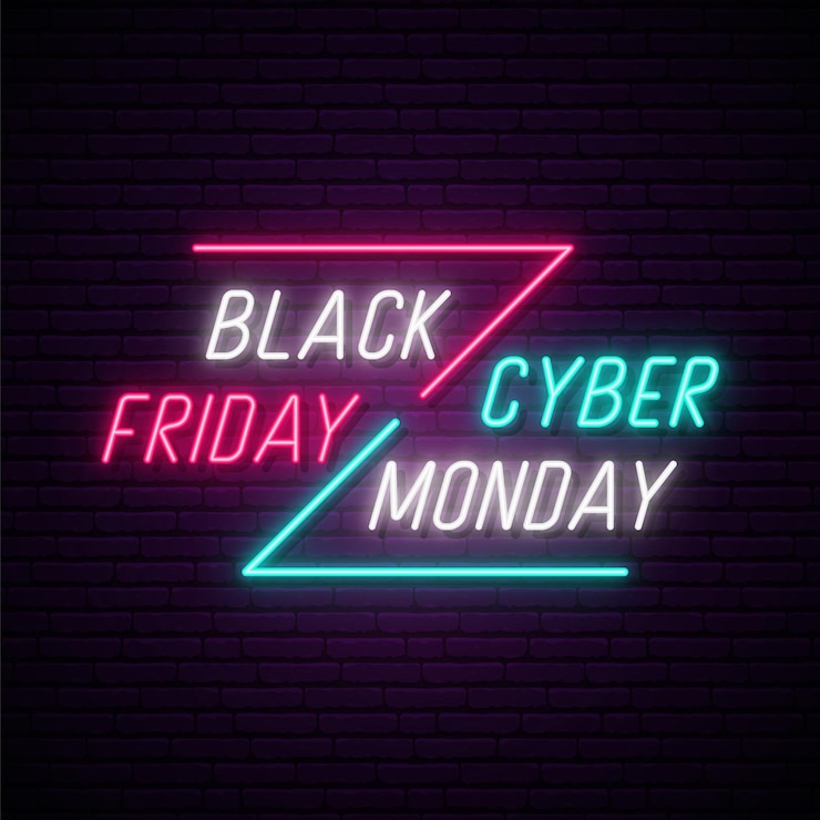Vecteur enseigne neon black friday et cyber monday