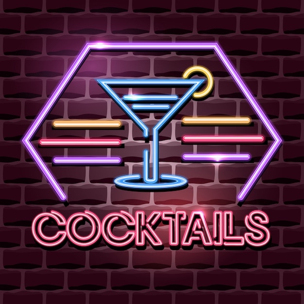 Vecteur enseigne publicitaire de cocktails au néon