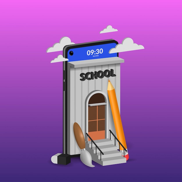 Enseignement Scolaire En Ligne Sur Illustration 3d Mobile Sur Violet