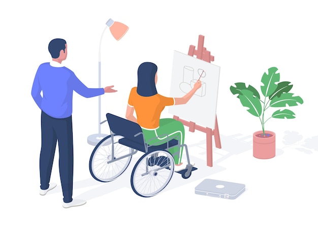 Enseigner Aux élèves En Situation De Handicap. Femme En Fauteuil Roulant S'appuie Sur Un Chevalet. L'enseignant Corrige Son Travail. Enseignement Stationnaire Pour Personnes Handicapées Avec Elearning. Isométrie Réaliste Vectorielle