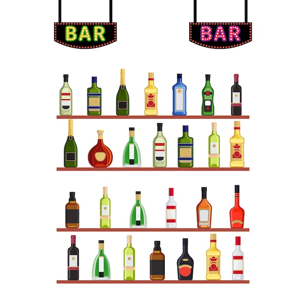 Enseignes Au Néon Bar Et étagères Avec Des Bouteilles D'alcool