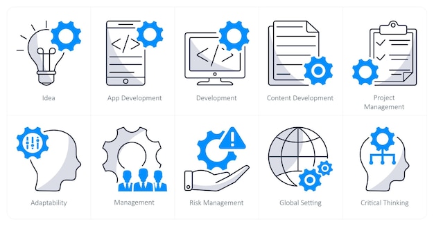 Un ensemble de 10 icônes d'affaires en tant qu'idée de développement d'applications de développement de contenu de développement