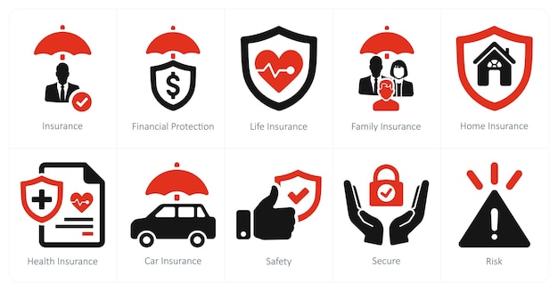 Un ensemble de 10 icônes d'assurance en tant qu'assurance protection financière assurance vie