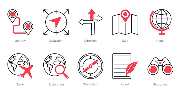 Un ensemble de 10 icônes d'aventure comme direction de navigation du voyage