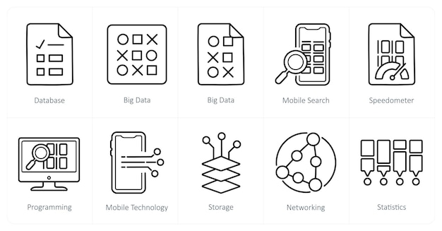 Un ensemble de 10 icônes de Big Data comme base de données de recherche mobile de big data