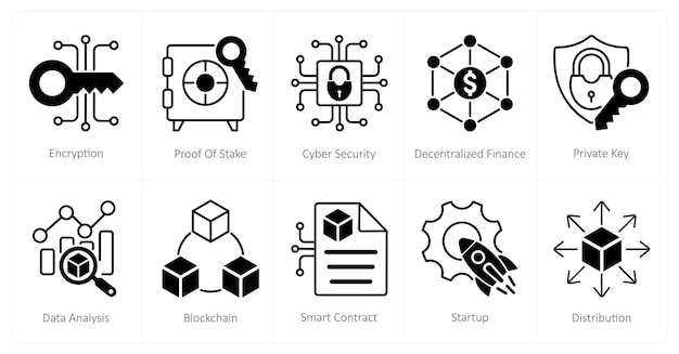 Un ensemble de 10 icônes Blockchain comme preuve de cryptage de la cybersécurité en jeu