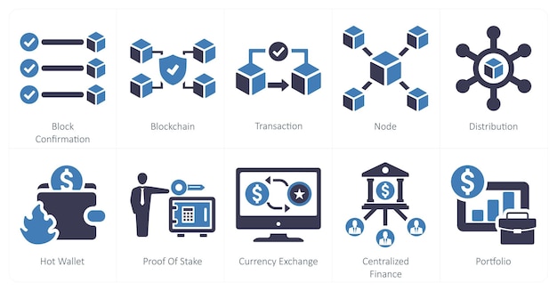 Un ensemble de 10 icônes de blockchain comme transaction de confirmation de blockchain de bloc