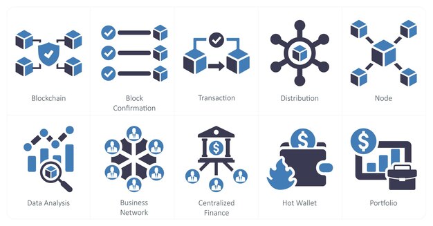 Un ensemble de 10 icônes de blockchain en tant que transaction de confirmation de bloc de blockchain