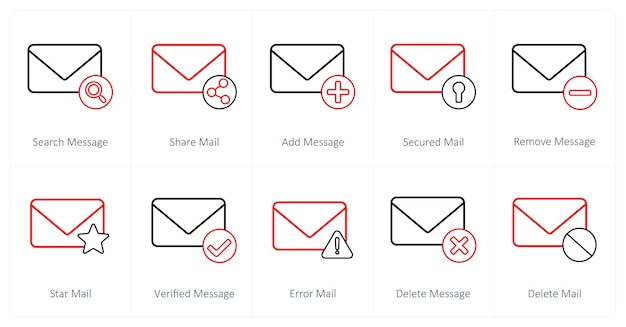 Un ensemble de 10 icônes de courrier comme recherche de message partager courrier ajouter message