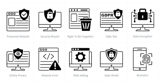 Un ensemble de 10 icônes du RGPD comme violation de la sécurité du site Web protégée droit à l'oubli