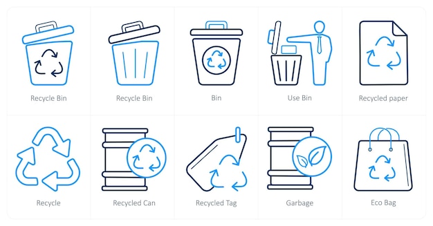 Un ensemble de 10 icônes d'écologie comme poubelle de recyclage poubelle d'utilisation poubelle