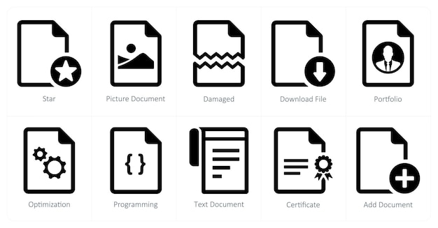 Un ensemble de 10 icônes de fichier comme document d'image étoile endommagé