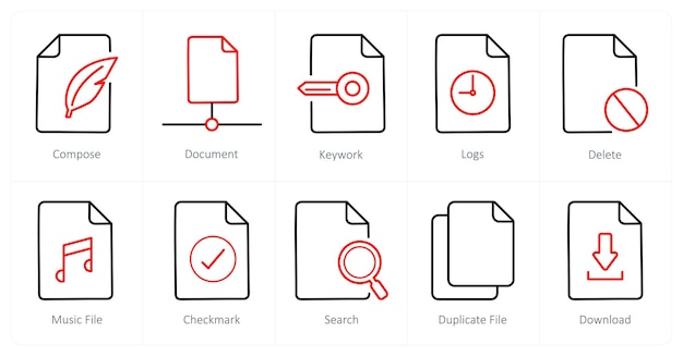 Un ensemble de 10 icônes de fichier comme mot-clé de document de composition