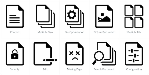 Un ensemble de 10 icônes de fichier en tant que contenu de plusieurs fichiers d'optimisation de fichier
