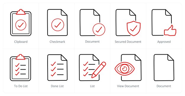 Un ensemble de 10 icônes de fichier en tant que document de marque de contrôle dans le bloc-notes