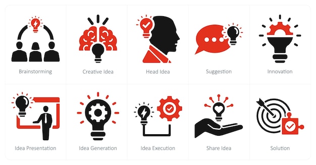 Un ensemble de 10 icônes d'idées en tant que brainstorming d'idée créative tête d'idée