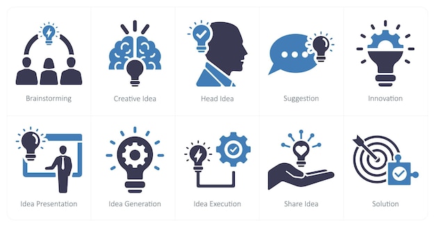 Un ensemble de 10 icônes d'idées en tant que brainstorming d'idée créative tête d'idée