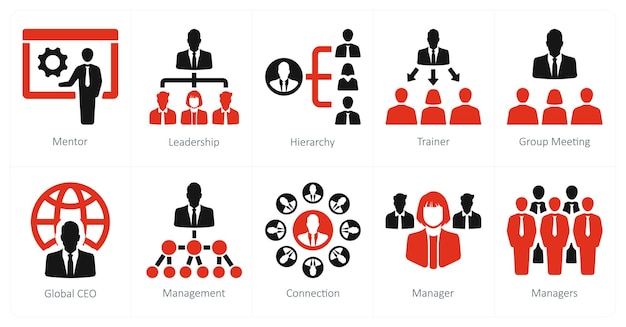 Un ensemble de 10 icônes de leadership en tant que hiérarchie de leadership des mentors