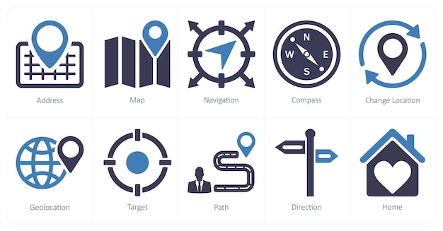 Un ensemble de 10 icônes de localisation comme navigation sur carte d'adresse