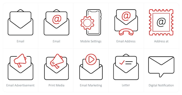 Un ensemble de 10 icônes de marketing Web comme adresse e-mail de paramètres mobiles