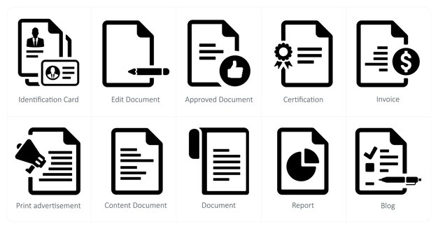 Un ensemble de 10 icônes de marketing Web comme carte d'identité modifier le document document approuvé
