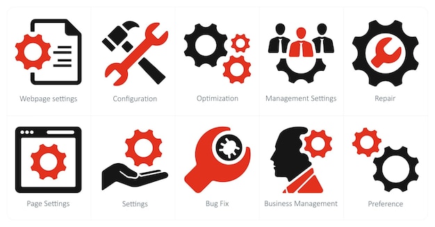 Un ensemble de 10 icônes de marketing Web comme optimisation de la configuration des paramètres de la page Web