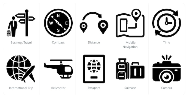 Un ensemble de 10 icônes de mélange comme voyage d'affaires boussole distance navigation mobile